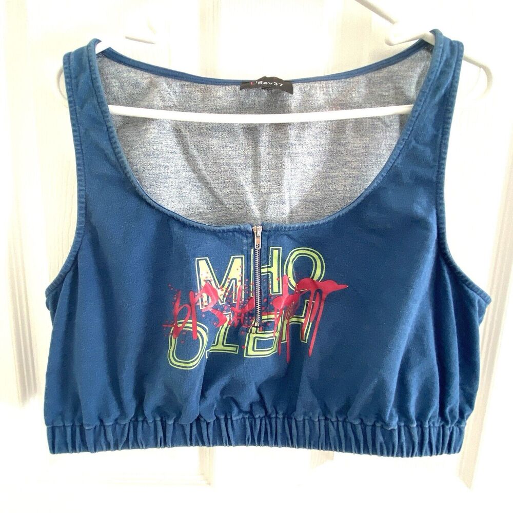 VINTAGE 90s Y2K Neon Abstract Paint Punk Denim Jean Spell Out Tee Bra Size 2x
